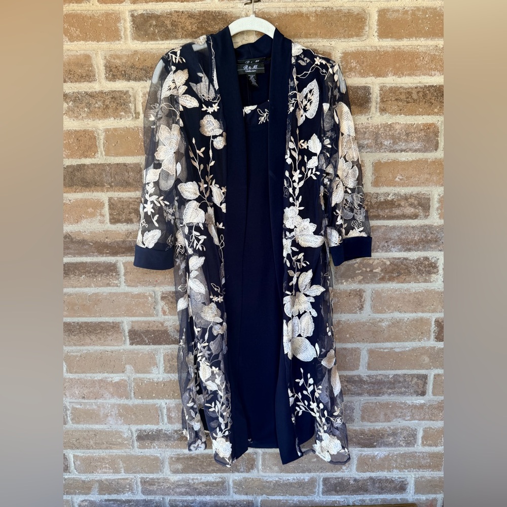 Elegant Navy Midi Dress with Ivory Floral Overlay